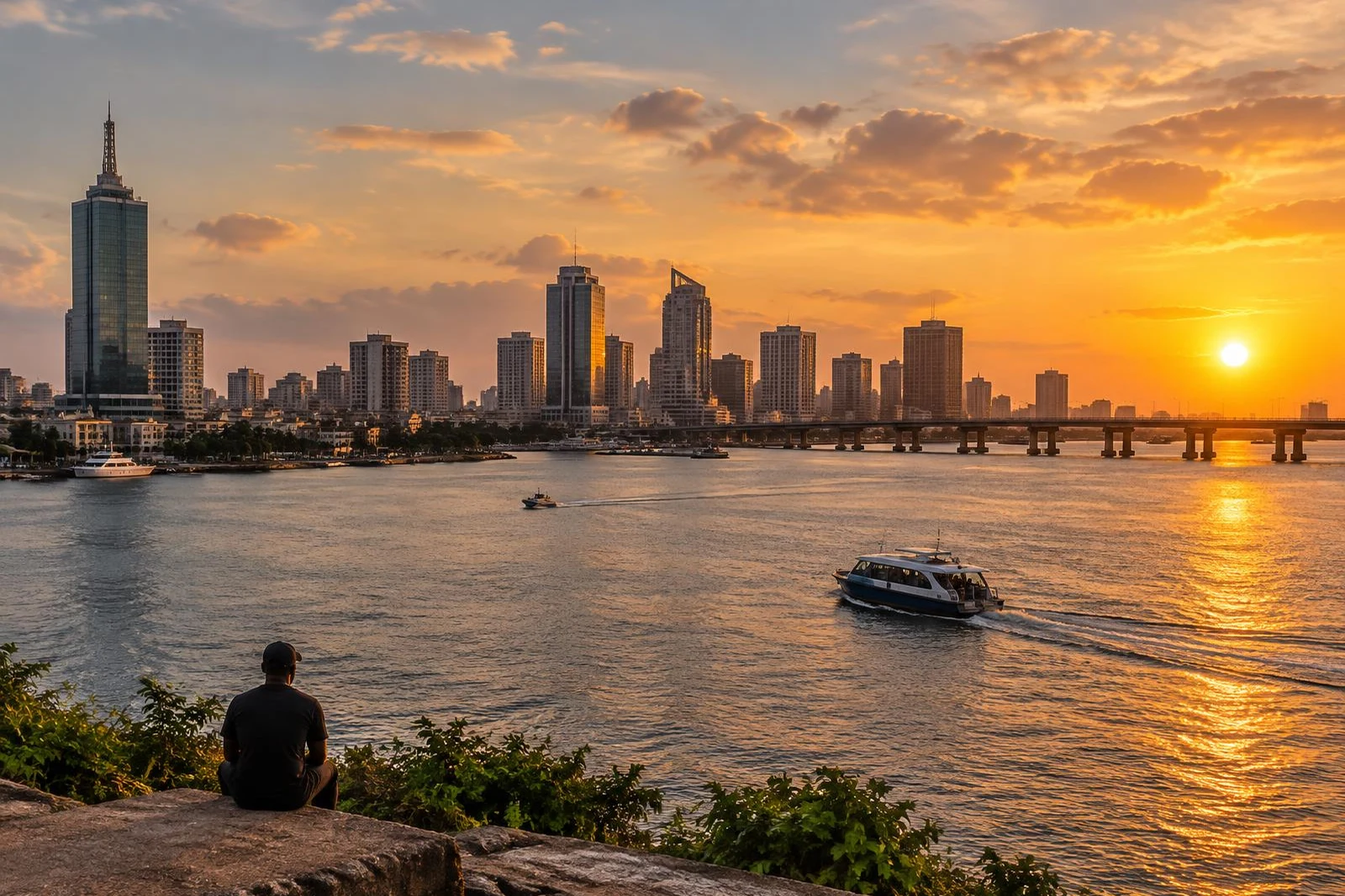Lagos skyline and lagoon at golden hour