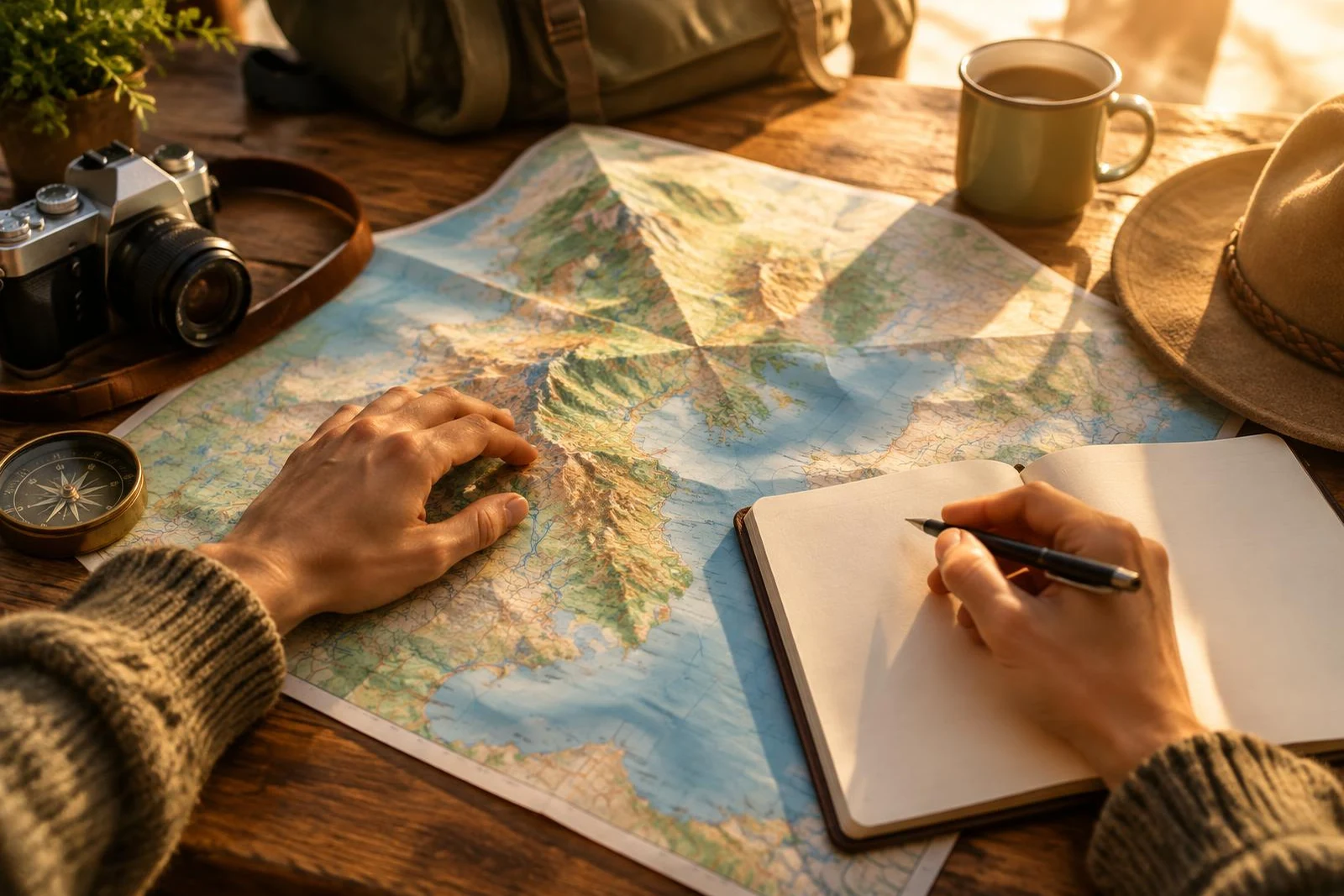Hands planning over a map with notebook