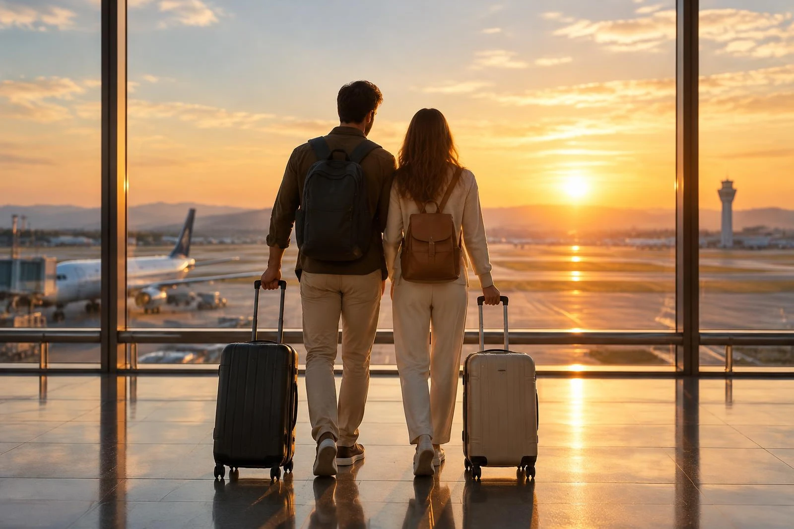 Couple with luggage in an airport at sunrise