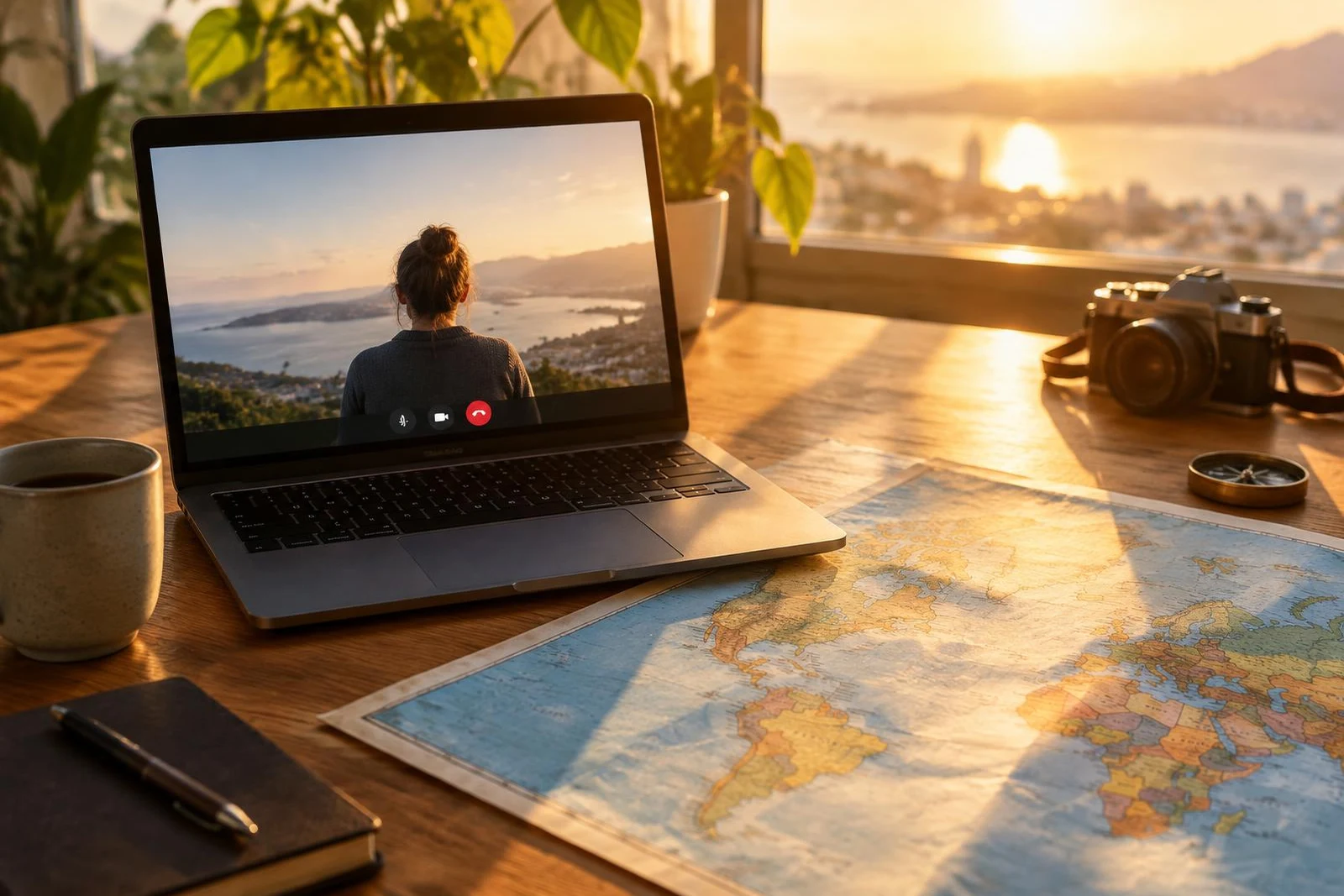 Laptop video call beside a world map