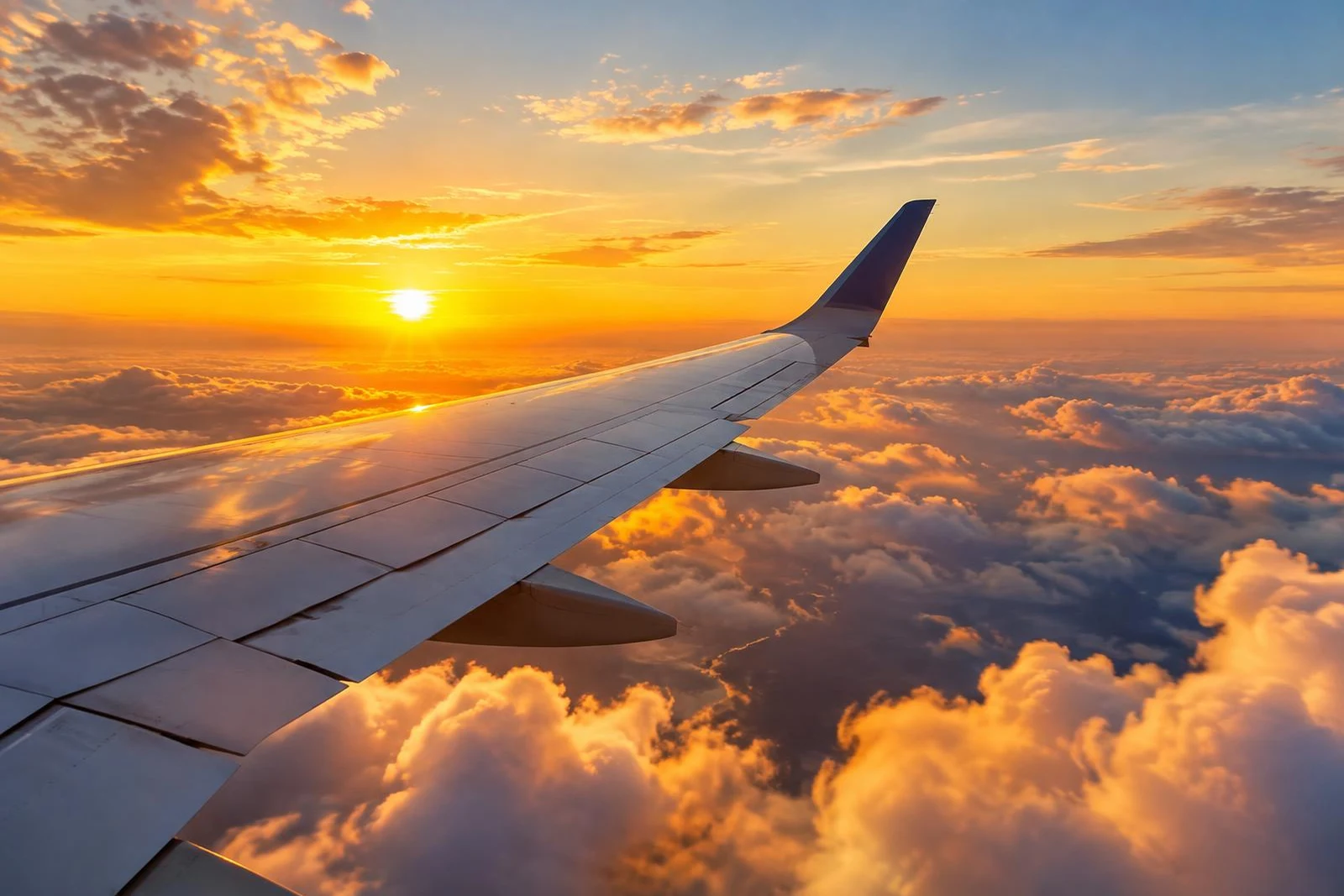 Airplane wing above clouds at sunrise