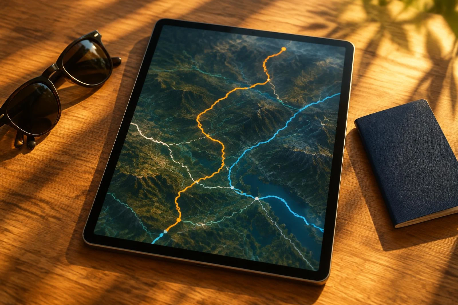 Tablet itinerary with sunglasses and passport
