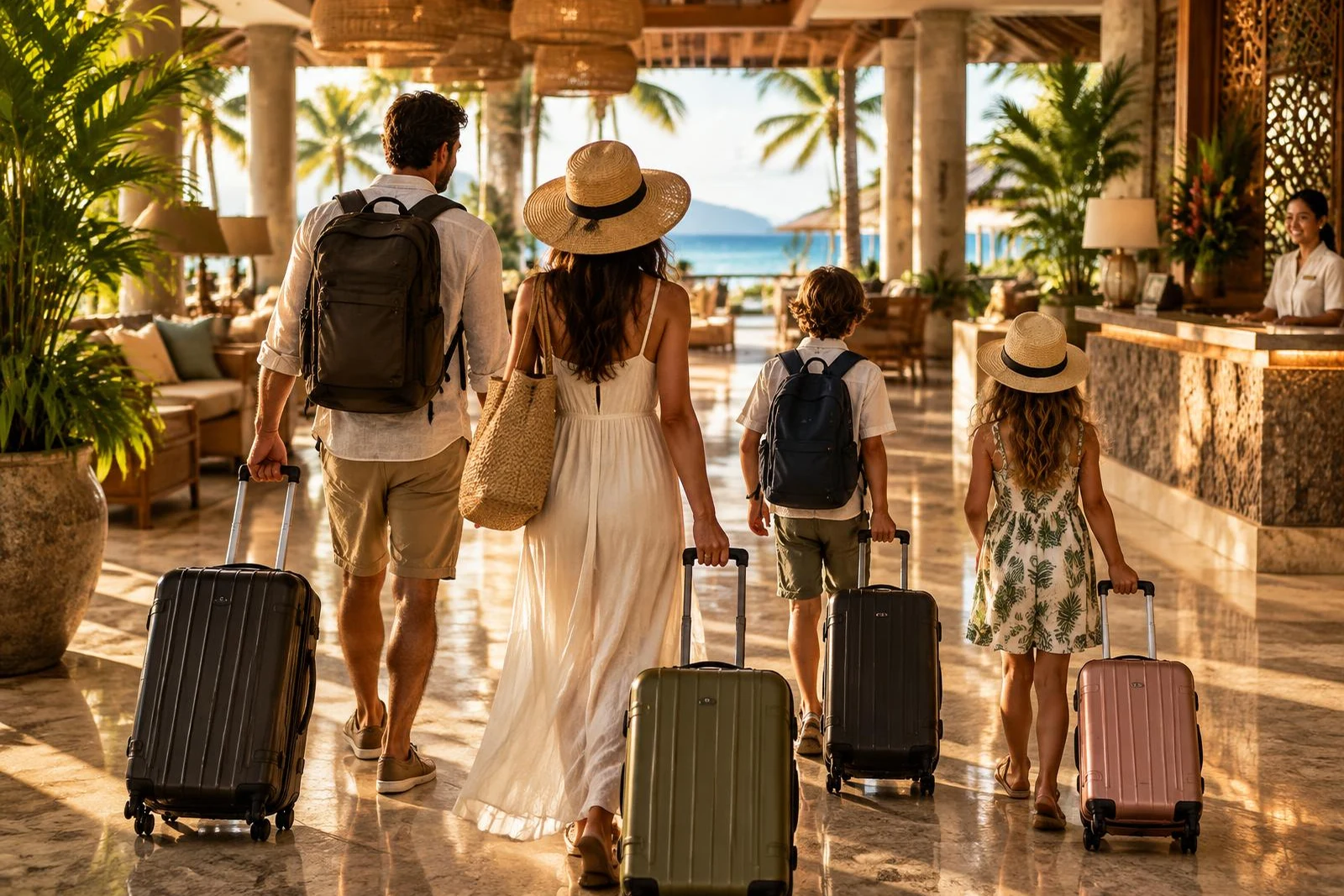 Travellers arriving at a tropical resort lobby