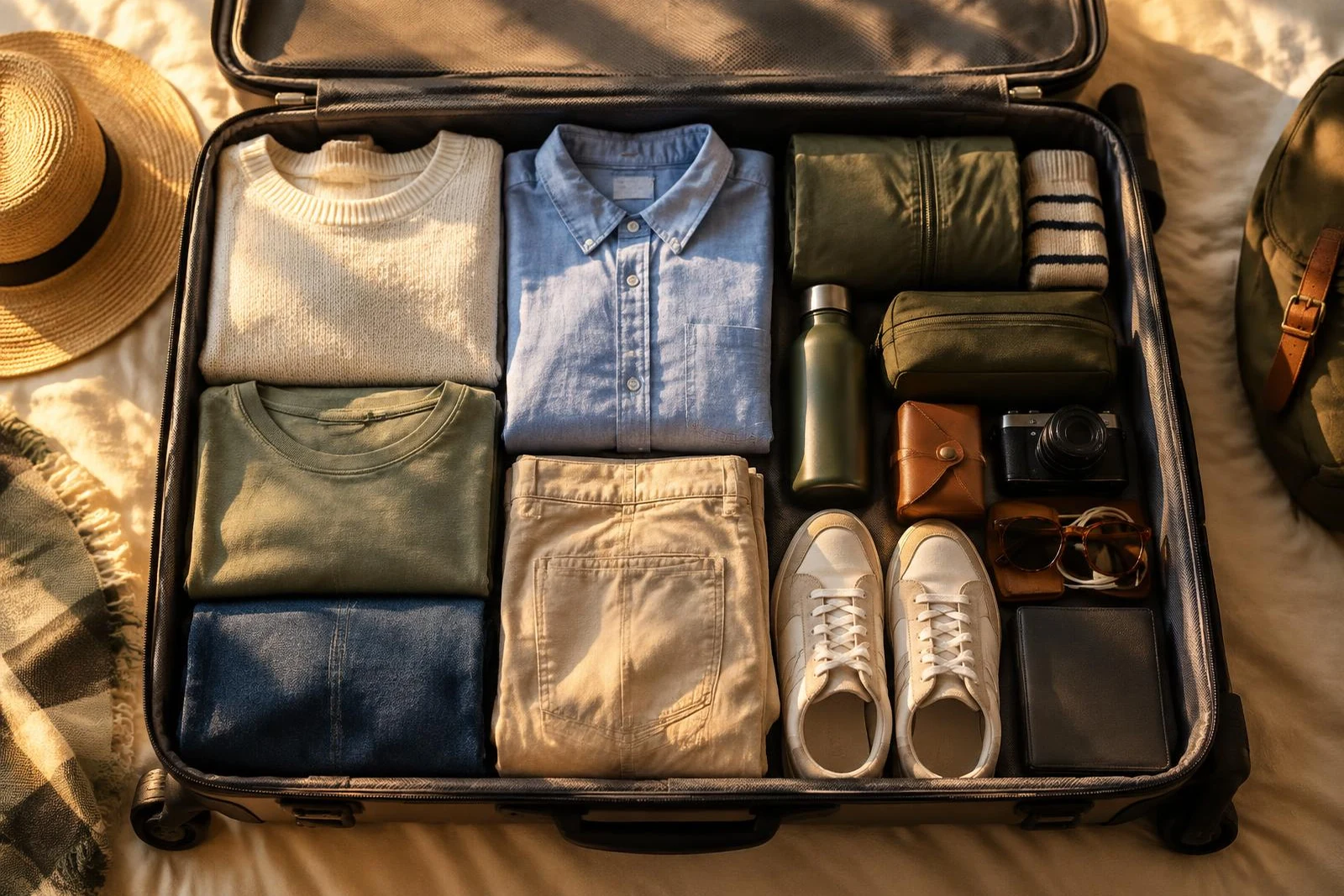 Packed suitcase flat lay