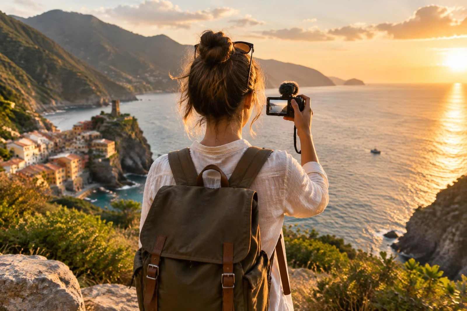 Creator filming travel content at a scenic spot