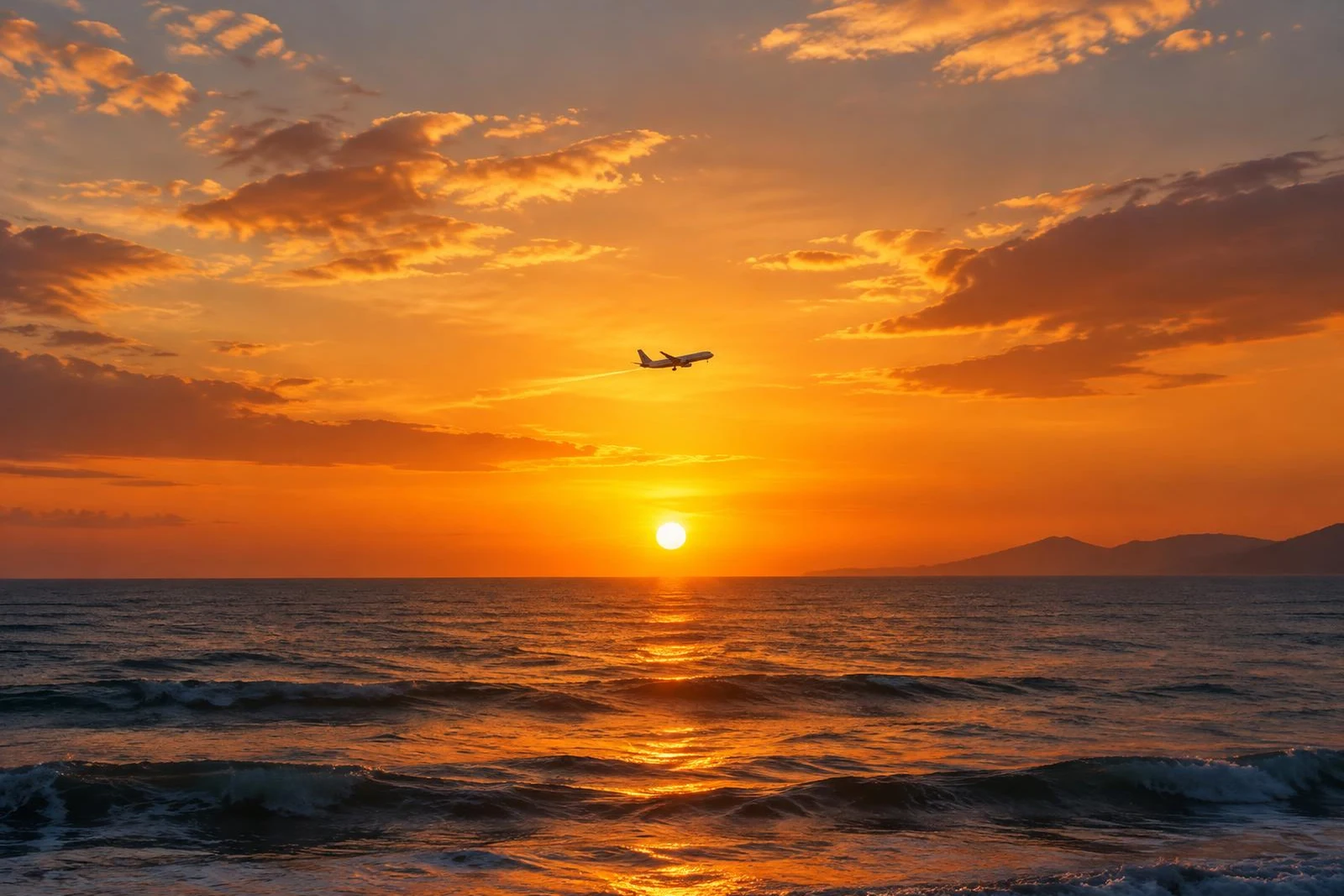 Ocean sunset with a plane crossing the sky