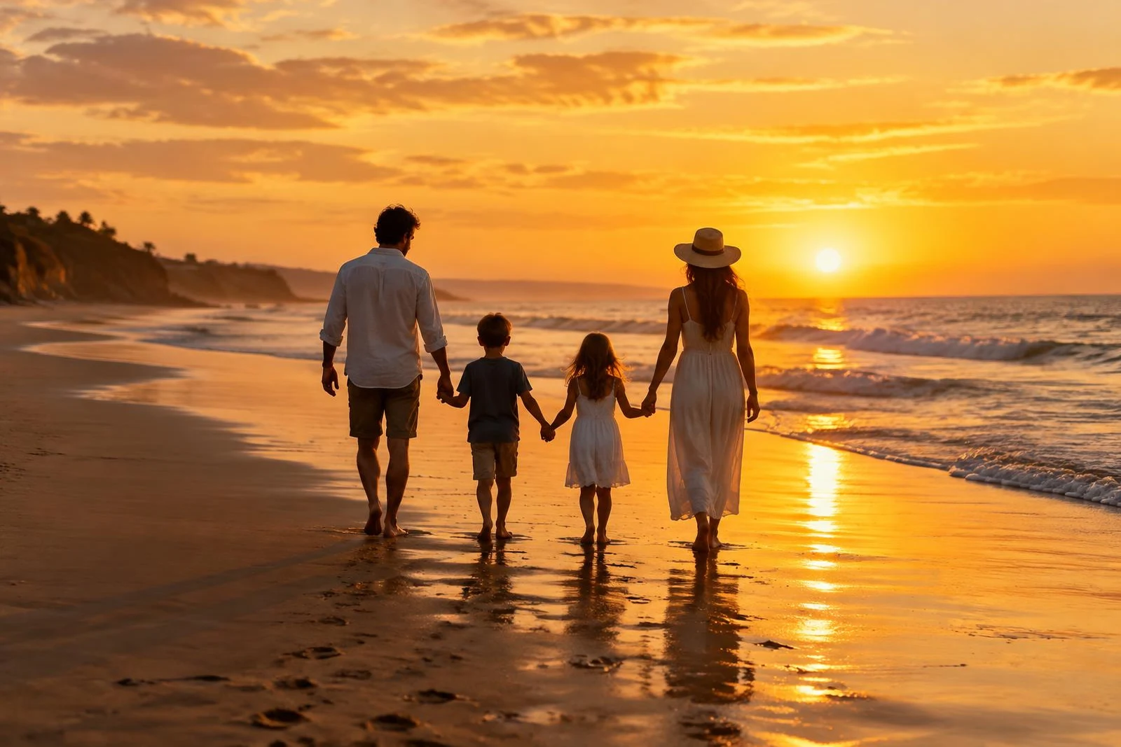 Family walking on a beach at sunset