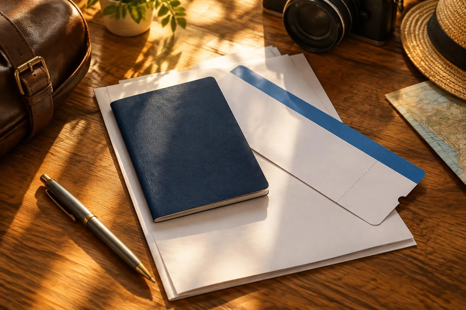 Passport, boarding pass and documents on a wooden desk