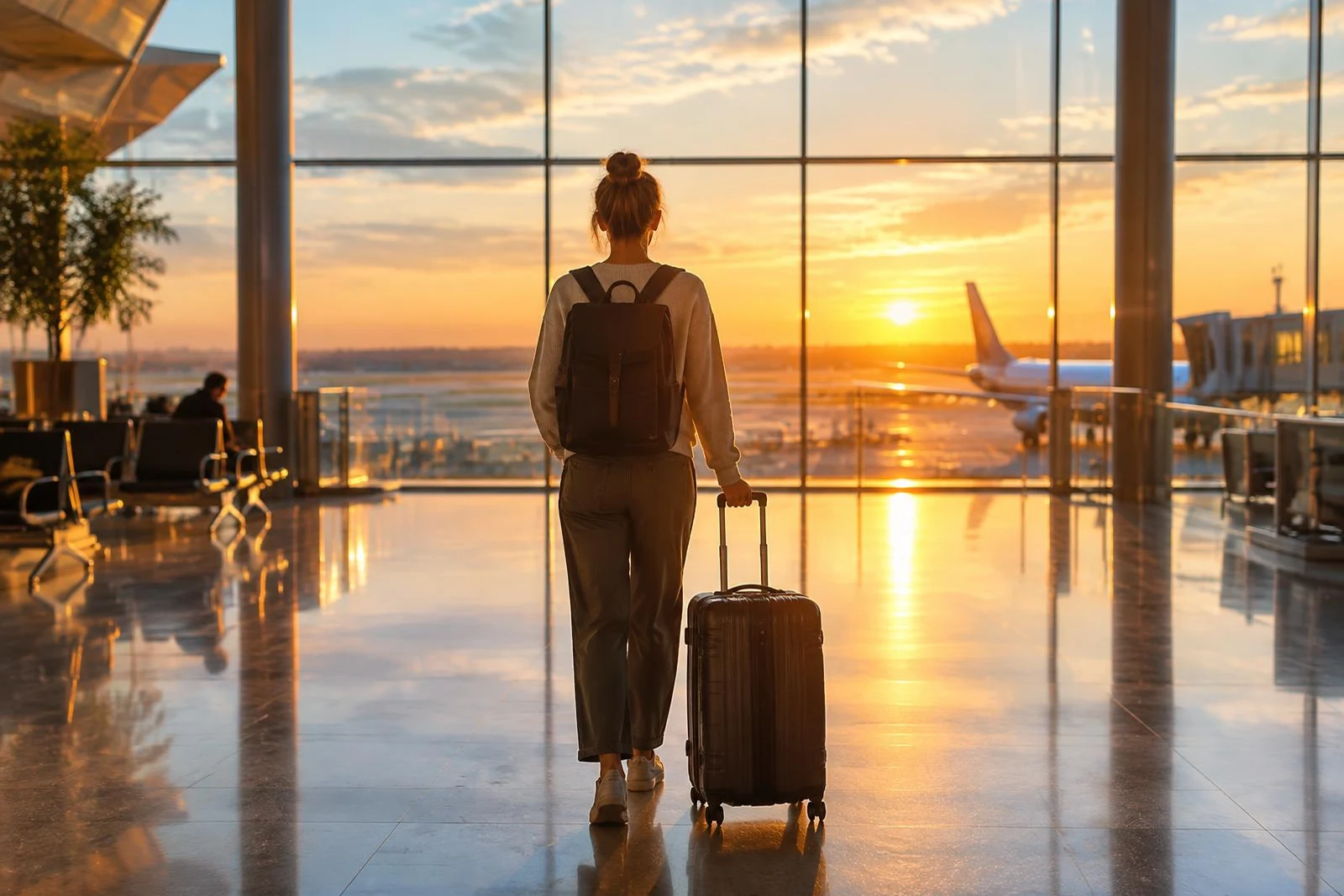 Traveller with suitcase in a modern terminal
