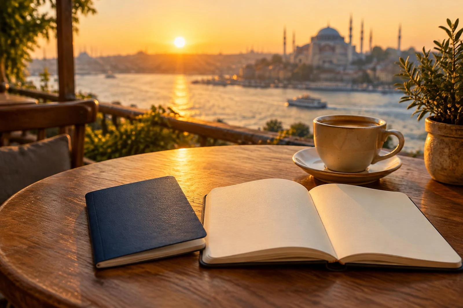 Unmarked passport and blank notebook on a café table at sunrise
