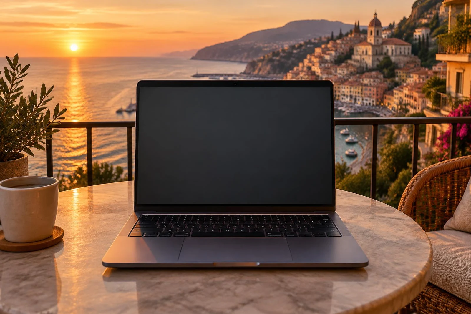Laptop on a hotel balcony overlooking a coastal town at dusk