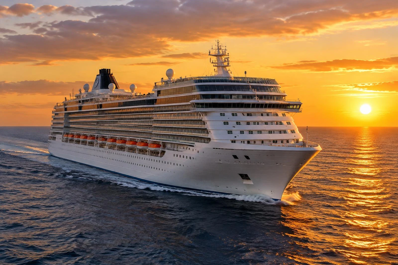 Cruise ship at sea at sunset