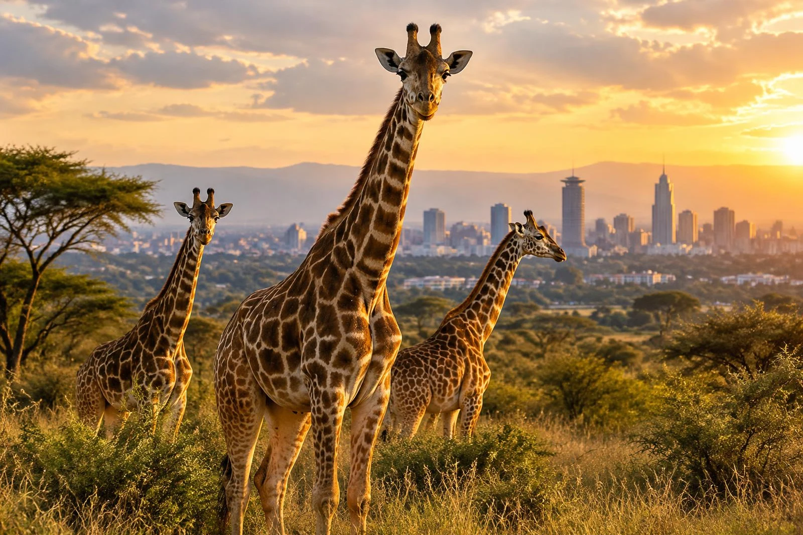 Nairobi giraffes with skyline